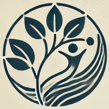 Round Icon image of water with person emerging from waves hands outstretched toward large leaf spray.